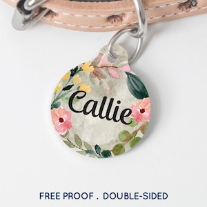 Watercolor Floral Wreath Pet Tag - Personalized Dog Puppy Cat ID Tag - Pet Gift -  Customized Boho Style Pet Name Tag #193