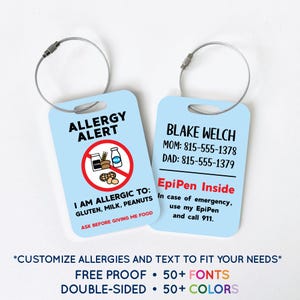 Custom Allergy Alert Bag Tag - Personalized Food Environmental Allergy Luggage Tag - Medical Allergy Alert School Backpack Lunch ID Tag