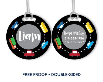 Cars on Track Luggage Tag - Monogrammed Travel School Backpack Bag Tag - Personalized ID Tag