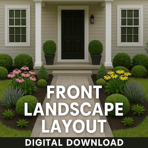 May include: A digital download of a front yard landscape design plan. The plan features a walkway leading to a front door with a variety of plants and shrubs, including a pink flower bed, a yellow flower bed, and two green bushes.
