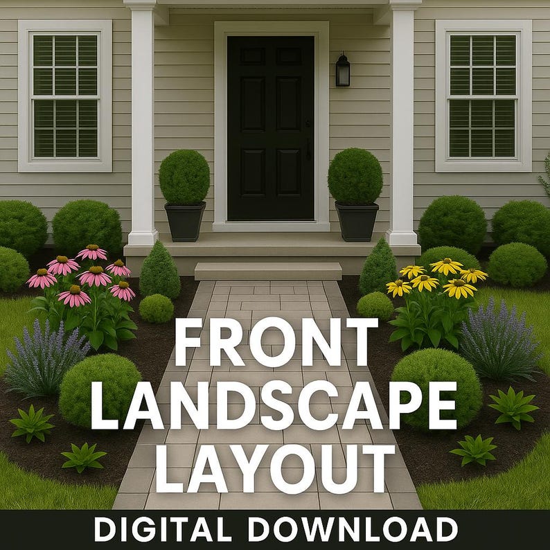 May include: A digital download of a front yard landscape design plan. The plan features a walkway leading to a front door with a variety of plants and shrubs, including a pink flower bed, a yellow flower bed, and two green bushes.