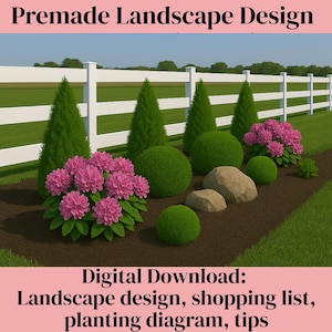 Fence landscape plan, rhododendron garden bed, evergreen border design, diy landscape, landscaping template, backyard border, fence berm