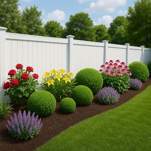DIY Fence Landscape Design, Fence Landscape, Landscape Template, DIY Landscape, Backyard Landscape DIY Fence White Vinyl Fence Landscape