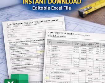 AIA Pay Anwendungsvorlage | AIA G702 G703 Excel Vorlage | Baustellen Rechnung Vorlage | Unternehmer Fakturierung | Bearbeitbares AIA-Formular