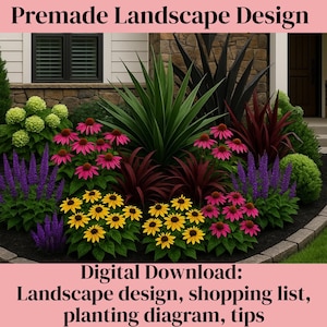Op de afbeelding: Een levendig tuinbedontwerp met een verscheidenheid aan kleurrijke bloemen en bladeren. De opstelling omvat roze zonnehoeden, gele zonnebloemen en paarse salie. De tekst luidt "Premade Landscape Design" en "Digital Download: Landscape design, shopping list, planting diagram, tips".