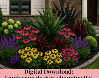 Ready to Use DIY Landscape Design, Front Landscape, Zone 5-9, Curb Appeal Landscaping, Evergreen Landscape, Front Garden Bed Design, garden