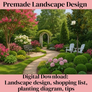 Könnte beinhalten: Eine üppige Gartenszene mit einem sich schlängelnden Kiesweg, gesäumt von leuchtend rosa und weißen Blumen, grünen Sträuchern und einer schwarzen Bank. Das Bild enthält den Text "Premade Landscape Design" und "Digital Download: Landscape design, shopping list, planting diagram, tips."