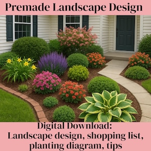 Op de afbeelding: Een levendig landschapsontwerp met een verscheidenheid aan kleurrijke bloeiende planten en struiken. Het ontwerp omvat een mix van groene, paarse, roze en oranje bloemen, met een pad dat naar een voordeur leidt. Tekst op de afbeelding: Premade Landscape Design.