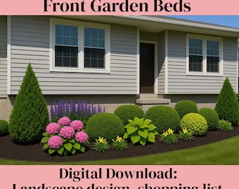 Op de afbeelding: Een digitale download voor een kant-en-klare landschapsontwerp voor voortuinen. Het ontwerp bevat een boodschappenlijst, een plantenschema en tips. De afbeelding toont een huis met een voortuin met een verscheidenheid aan planten, waaronder struiken, bloemen en bomen.