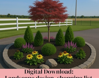 Ready to Use Driveway Island Landscape, Circular Garden Design, Driveway Landscape, landscape bed template, curb appeal, DIY Landscape
