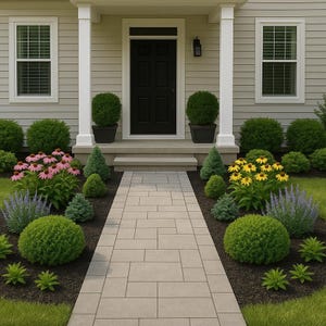 May include: A walkway leading to a front door of a house with a white exterior. The walkway is made of light gray pavers. The front door is black and has a glass panel. There are bushes and flowers planted on either side of the walkway.