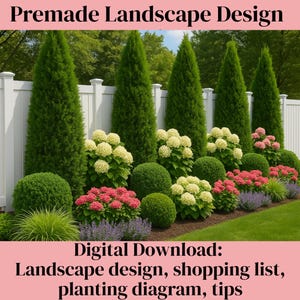 DIY Landscape Design, Fence Landscape, Zone 5-9, Curb Appeal Landscaping, Evergreen Landscape, Fence Garden Bed Design, vinyl fence