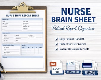 Nurse Brain Sheet | Nurse Report Sheet | Nursing Shift Report Template | Patient Handoff Sheet | New Nurse Organizer | Printable Nursing PDF