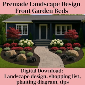 Puede incluir: Diseño de paisaje digital para parterres delanteros. La imagen muestra una casa con exterior azul oscuro, molduras blancas y una pasarela pavimentada que conduce a la puerta principal. El jardín presenta flores rojas y blancas, arbustos y rocas grandes. El texto en la imagen dice: "Premade Landscape Design Front Garden Beds."