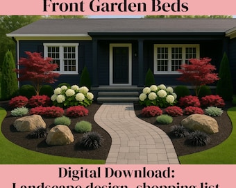 Ready to Use DIY Landscape Design, Front Landscape, Zone 5-9, Curb Appeal Landscaping, Evergreen Landscape, Front Garden Bed Design, garden