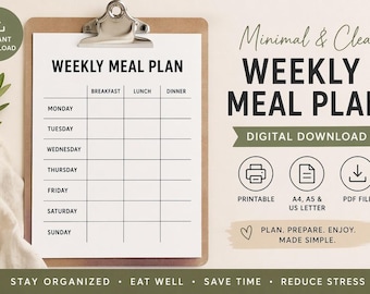 Wöchentlicher Essensplaner Printable | Meal Template | Sofortiger Download PDF & PNG | Minimalistischer Meal Tracker für Frühstück, Mittagessen, Abendbrot