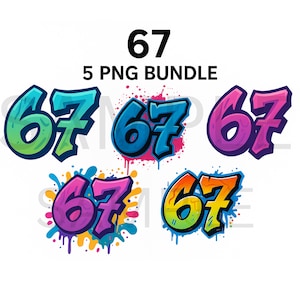 Pakiet 67 Graffiti PNG, 5 pakietów do pobrania cyfrowego, projekt koszulki, grafika w sprayu 67, koszulki PNG, czapki, kubki, naklejki, Six Seven PNG