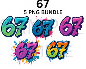 67 Graffiti PNG Bundle 5 confezioni Design per magliette con download digitale, grafica con vernice spray 67, magliette PNG, cappelli, bicchieri, adesivi, Six Seven PNG