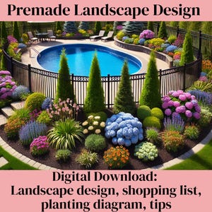 Puede incluir: Una descarga digital para un diseño de paisaje prediseñado con una piscina, una valla negra y una variedad de flores y arbustos coloridos. El texto "Descarga digital: Diseño de paisaje, lista de compras, diagrama de plantación, consejos" está en la parte inferior de la imagen.