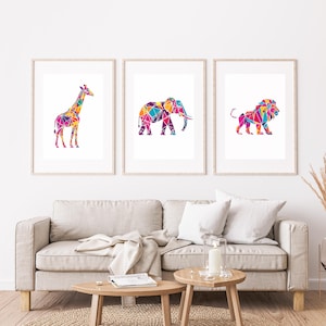 Multicolor Geometric Animal Wall Art, Safari Animals Decor, Elephant, Giraffe, Lion, Abstract Geometric Decor - Trio Wall Art [Digital]