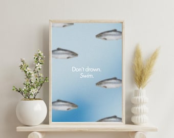 Impresión de peces, póster vintage de peces del océano, arte de pared retro de peces, impresión marina, arte de pared ecléctico, arte de cocina colorido, póster maximalista - Arte de natación -