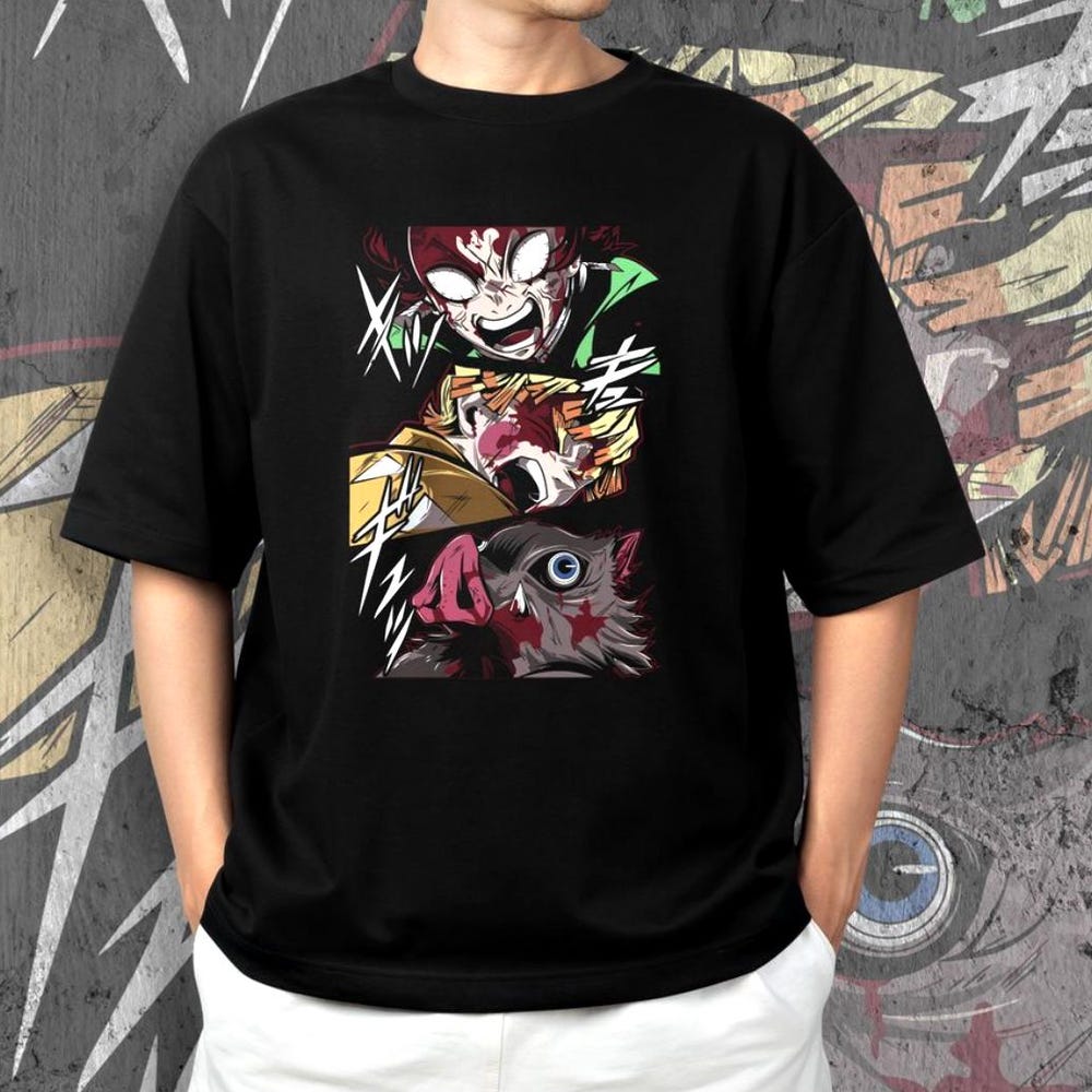 Demon Slayer Anime T-Shirt, Tanjiro, Zenitsu & Inosuke Battle Scene, Kimetsu No Yaiba Shirt, Unisex Tee For Anime Fans, Anime Streetwear Theteepulse