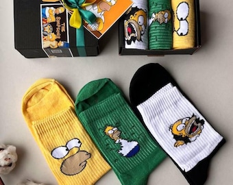 Simpsons Gift Box - 3 Pairs Socks: Fun Cartoon Cotton Socks for Men and Women, Birthday Gift
