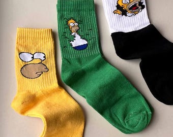Funny Homer Socks Set – 3 Pairs | Cartoon Meme Socks | Sizes 35-40, 40-45 | Gift for Him&Her | Colorful Crew Socks, Simpson socks, Men socks