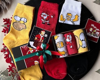 Simpson Christmas Socks Set – 3 Pairs Funny Holiday Socks Gift Box, Santa Socks, Stocking Stuffer, Simpsons Gift for Fans, Secret Santa Gift