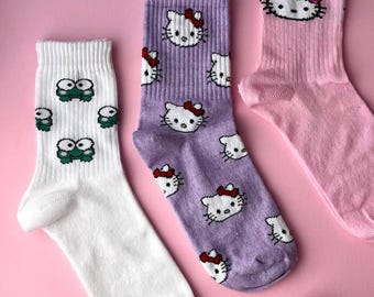 Hello Kitty Socks Set–3 Pairs High Socks 35-40 EU/5-9.5 US–Cute Sanrio Socks Gift for Her, Keroppi socks, frog socks, cat socks, Kawaii gift