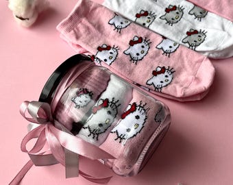 Hello Kitty Socks Set: 3 Pairs Cotton Short Socks in Gift Jar