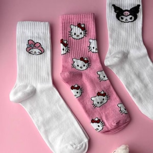 Hello Kitty Children Socks Set - 3 Pairs Cute Sanrio Characters - My Melody, Kuromi, Hello Kitty Gift, Cotton Crew Women Socks in Gift Box