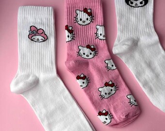 Hello Kitty Children Socks Set - 3 Pairs Cute Sanrio Characters - My Melody, Kuromi, Hello Kitty Gift, Cotton Crew Women Socks in Gift Box