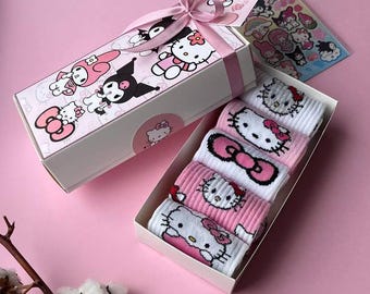 Hello Kitty Gift Socks Set–5 Pairs of Socks in a Gift Box with Sanrio Stickers, Kawaii Gifts. Kawaii Socks, Children Socks, Birthday Gifts