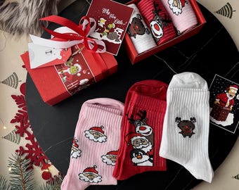 Christmas Socks -Set of 3 Pairs Holiday Gift Box for Women, Cute Santa & Reindeer Socks, Christmas Gift, Stocking Stuffer, Secret Santa Gift