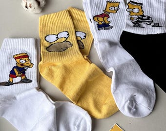 Simpsons Socks Set - 4 Pairs Fun Cartoon Cotton Socks for Men and Women, Simpsons gift, Birthday Present