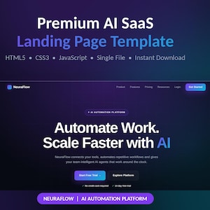 Plantilla de sitio web SaaS de IA, kit de interfaz de usuario responsivo para startups, diseño moderno de página de destino de software, página de destino