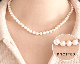 Süßwasser geknotete Zuchtperlen Halskette Klassische Perlenkette Einzelstrang für Hochzeit Elegante Halskette Geschenk für Sie Muttertagsgeschenk