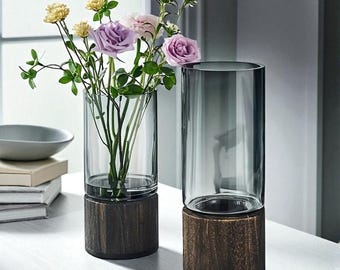 Retro Glass and Wood Vase - Modern Flower Holder (10x25cm)