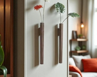 Boho Wall Hanging Vase: Solid Wood Flower Holder, Rustic Home Decor