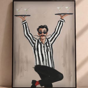 May include: A framed painting depicting a person with a moustache and dark round glasses wearing a black and white striped shirt and black trousers. The figure is balancing two black trays, each holding two martini glasses with olives, above their head.