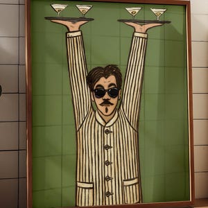 Lámina artística de camarero retro, arte para la pared de la cocina, arte de mediados de siglo, póster de barman, obra de arte humorística, decoración divertida para el bar imagen 3