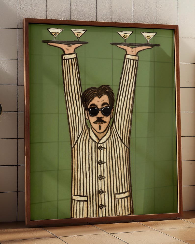 Lámina artística de camarero retro, arte para la pared de la cocina, arte de mediados de siglo, póster de barman, obra de arte humorística, decoración divertida para el bar imagen 3