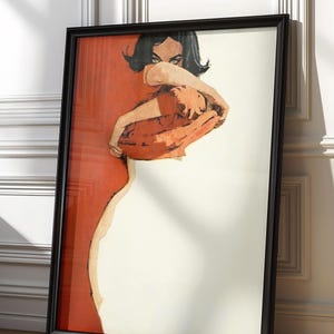 May include: Framed art print featuring a retro illustration of a person in a red top and white dress. The person's face is partially obscured. The artwork is framed in a black frame.