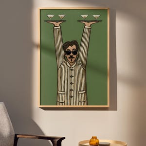 Lámina artística de camarero retro, arte para la pared de la cocina, arte de mediados de siglo, póster de barman, obra de arte humorística, decoración divertida para el bar imagen 6