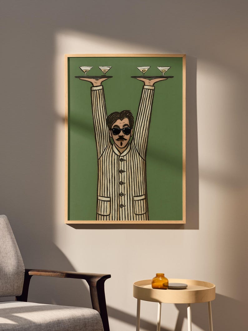 Lámina artística de camarero retro, arte para la pared de la cocina, arte de mediados de siglo, póster de barman, obra de arte humorística, decoración divertida para el bar imagen 6