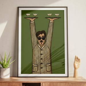 Illustration de barman minimaliste, art mural imprimable, affiche de personnage rétro en téléchargement numérique figuratif moderne, décoration d'intérieur de Style Mid-Century
