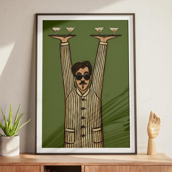 Minimalist Bartender Illustration Printable Wall Art Modern Figurative Digital Download Retro Character Poster, Mid Century Style Home Decor