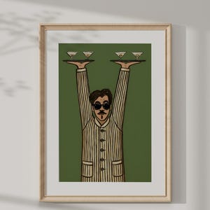 Lámina artística de camarero retro, arte para la pared de la cocina, arte de mediados de siglo, póster de barman, obra de arte humorística, decoración divertida para el bar imagen 1