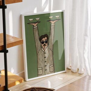 Lámina artística de camarero retro, arte para la pared de la cocina, arte de mediados de siglo, póster de barman, obra de arte humorística, decoración divertida para el bar imagen 5